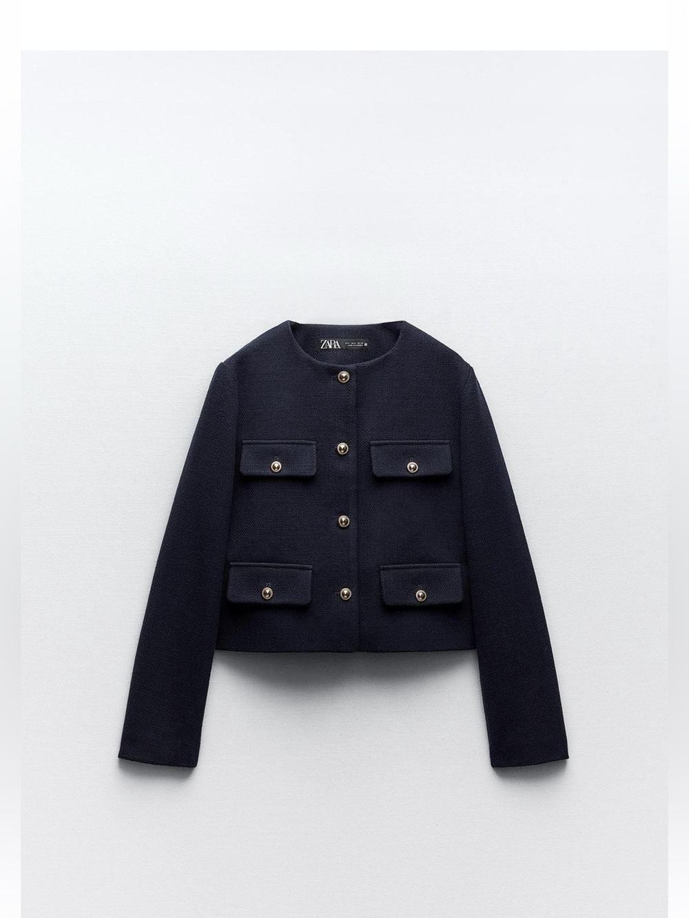 Zara Navy Cropped Flap Jacket with Gold Buttons Sz M